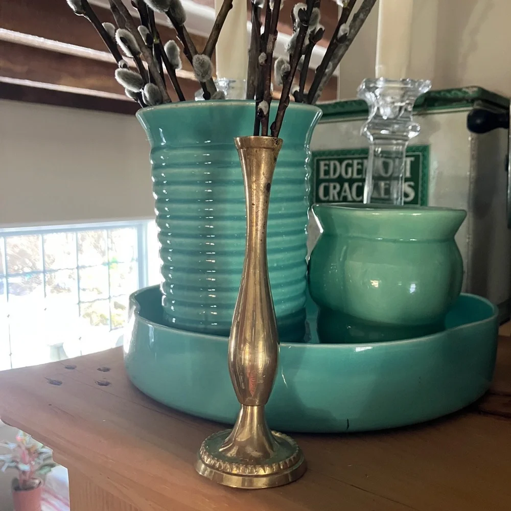 2/$30 Vintage Mini Brass Bud Vase 5.5” Tall 2 and 7/8’s” Base Patina Finish